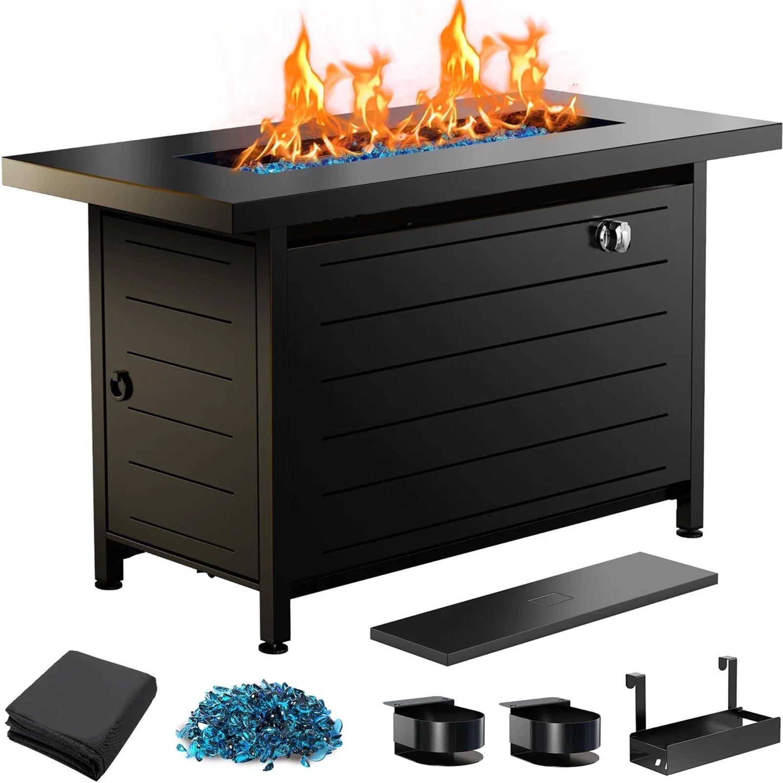 32" Gas Fire Pits with Cup Holders for Outside, 50,000 BTU Propane Fire Pit Table with Lid and Lava Rock, Black