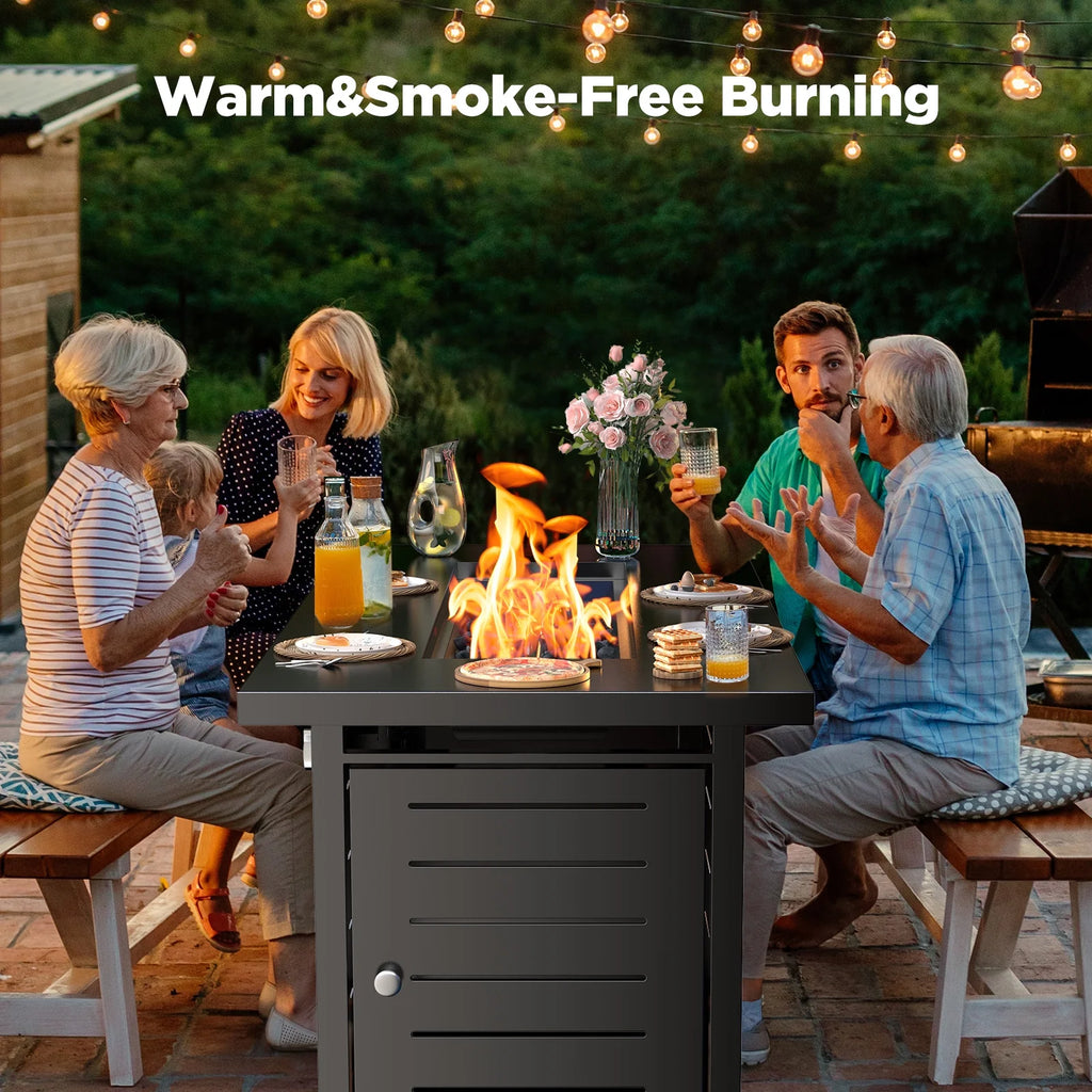 32" Gas Fire Pits with Cup Holders for Outside, 50,000 BTU Propane Fire Pit Table with Lid and Lava Rock, Black