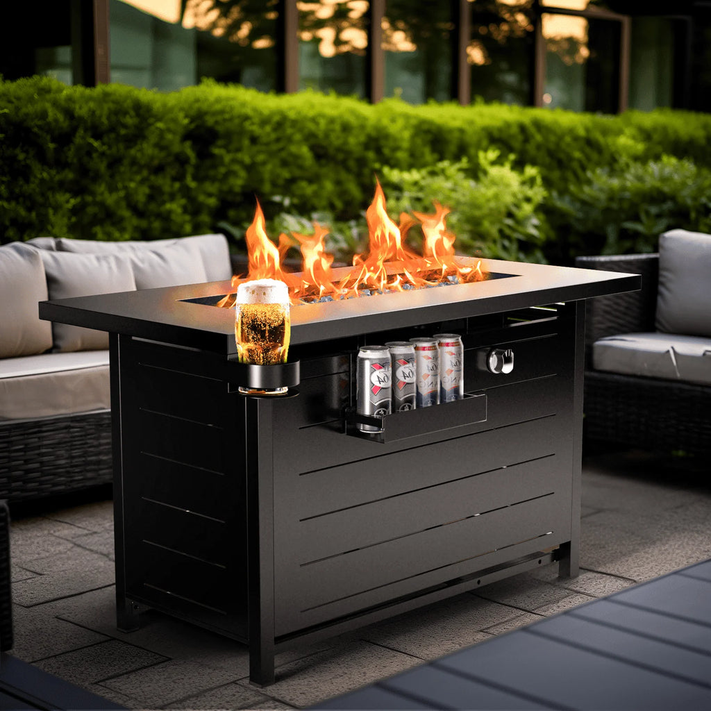 32" Gas Fire Pits with Cup Holders for Outside, 50,000 BTU Propane Fire Pit Table with Lid and Lava Rock, Black