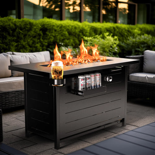 32" Gas Fire Pits with Cup Holders for Outside, 50,000 BTU Propane Fire Pit Table with Lid and Lava Rock, Black