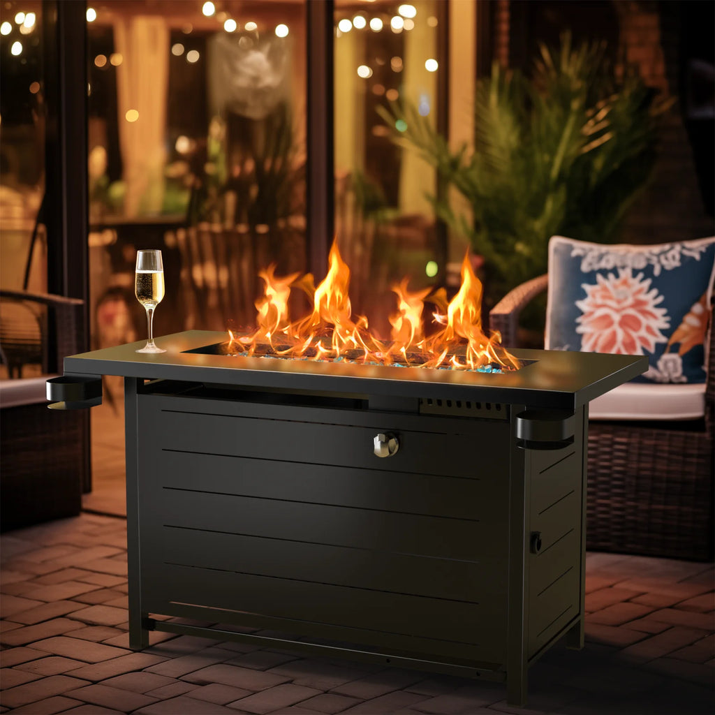 32" Gas Fire Pits with Cup Holders for Outside, 50,000 BTU Propane Fire Pit Table with Lid and Lava Rock, Black