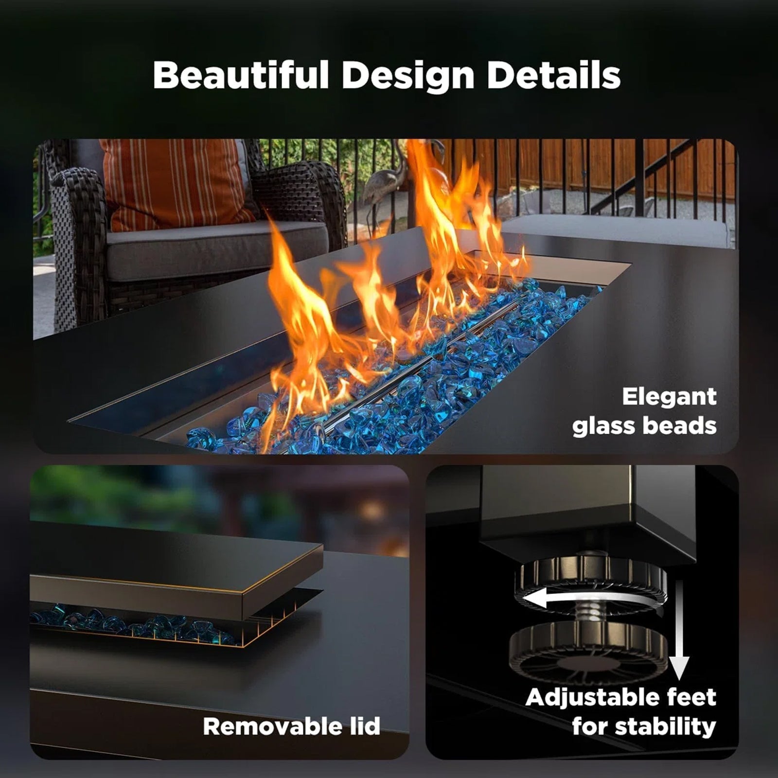 32" Gas Fire Pits with Cup Holders for Outside, 50,000 BTU Propane Fire Pit Table with Lid and Lava Rock, Black