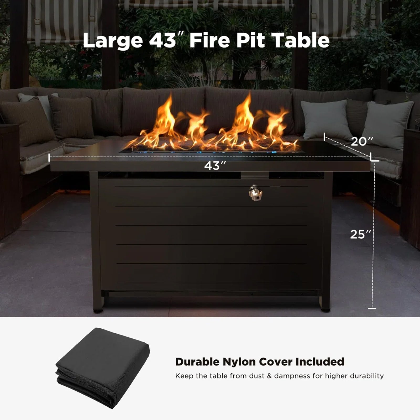 32" Gas Fire Pits with Cup Holders for Outside, 50,000 BTU Propane Fire Pit Table with Lid and Lava Rock, Black